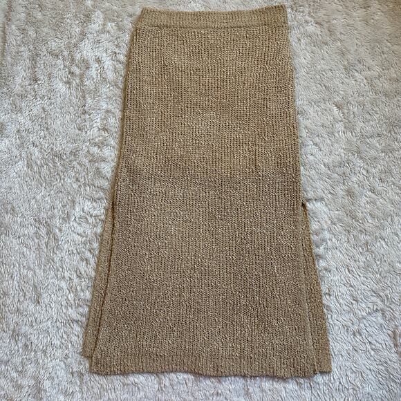 All Row Medium Knit Midi Skirt with Slits Elastic Waist Tan Camel Lined - Picture 3 of 9